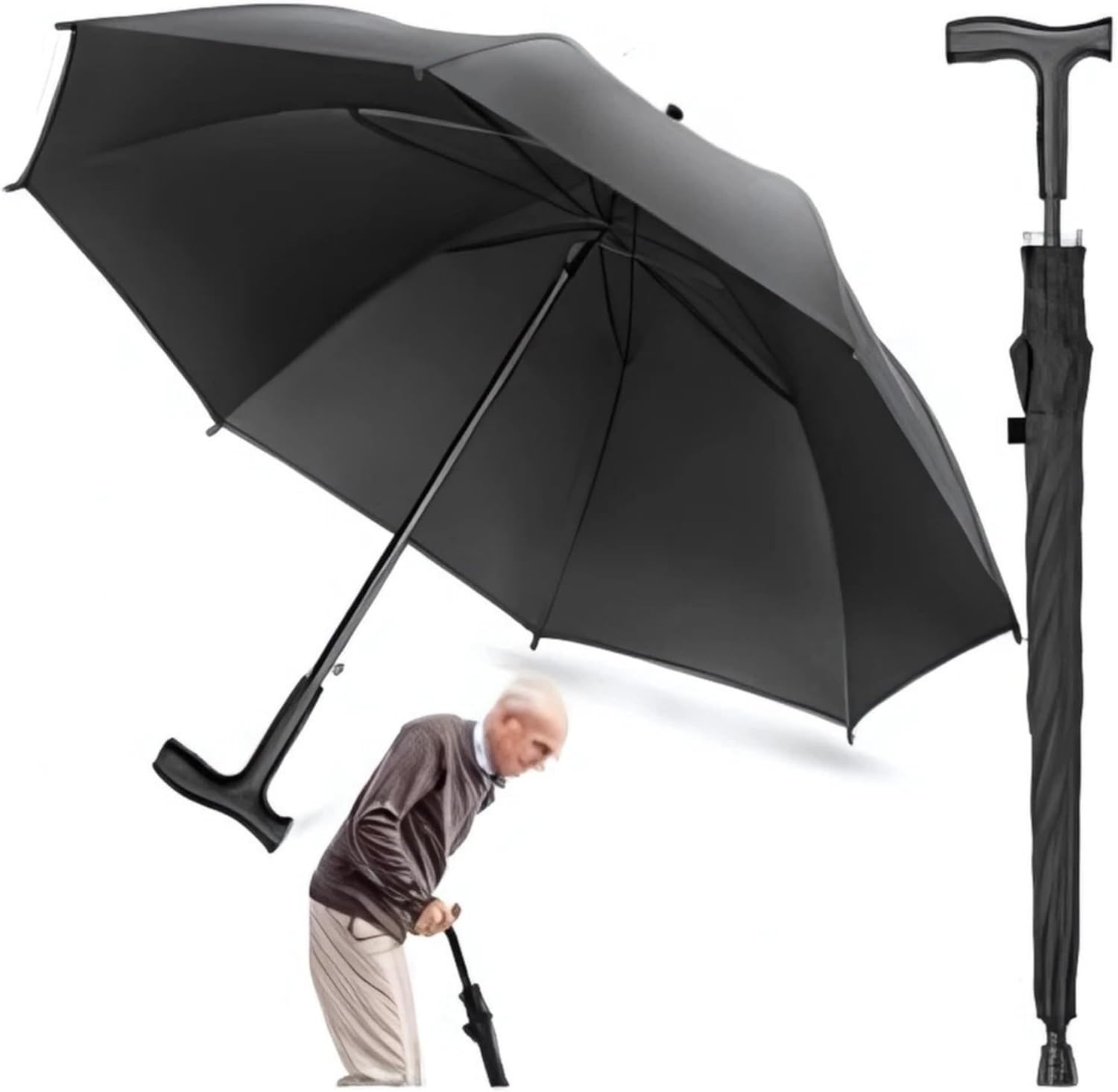 RAHAIM 2-In-1 Walking Stick Umbrella Windproof Cane Umbrella with Heavy-Duty Frame Lightweight Sunshade for Men & Women Ideal for Hiking Climbing Outdoor Use Black